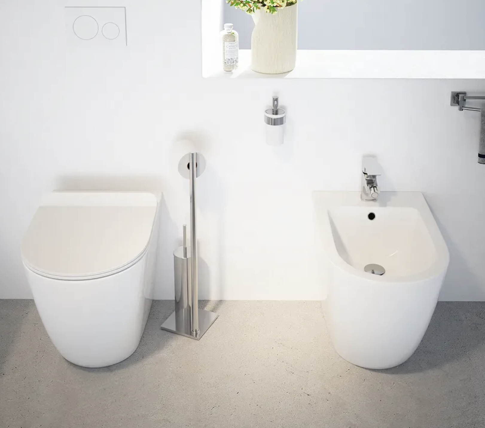 Sanitari filomuro in ceramica bianco lucido vaso tornado silent flush sedile soft-close e bidet SOFIA Regos
