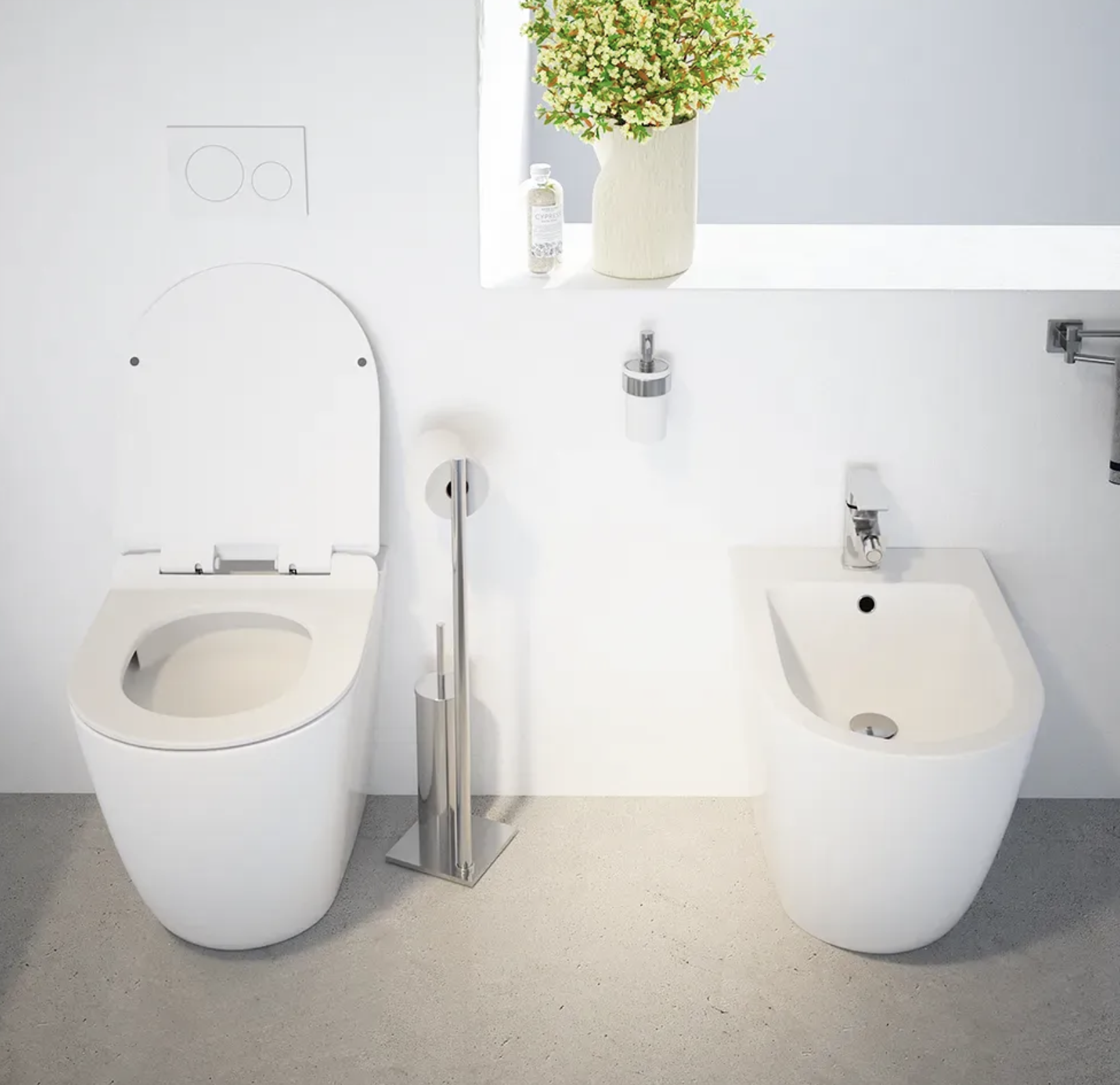 Sanitari filomuro in ceramica bianco lucido vaso tornado silent flush sedile soft-close e bidet SOFIA Regos