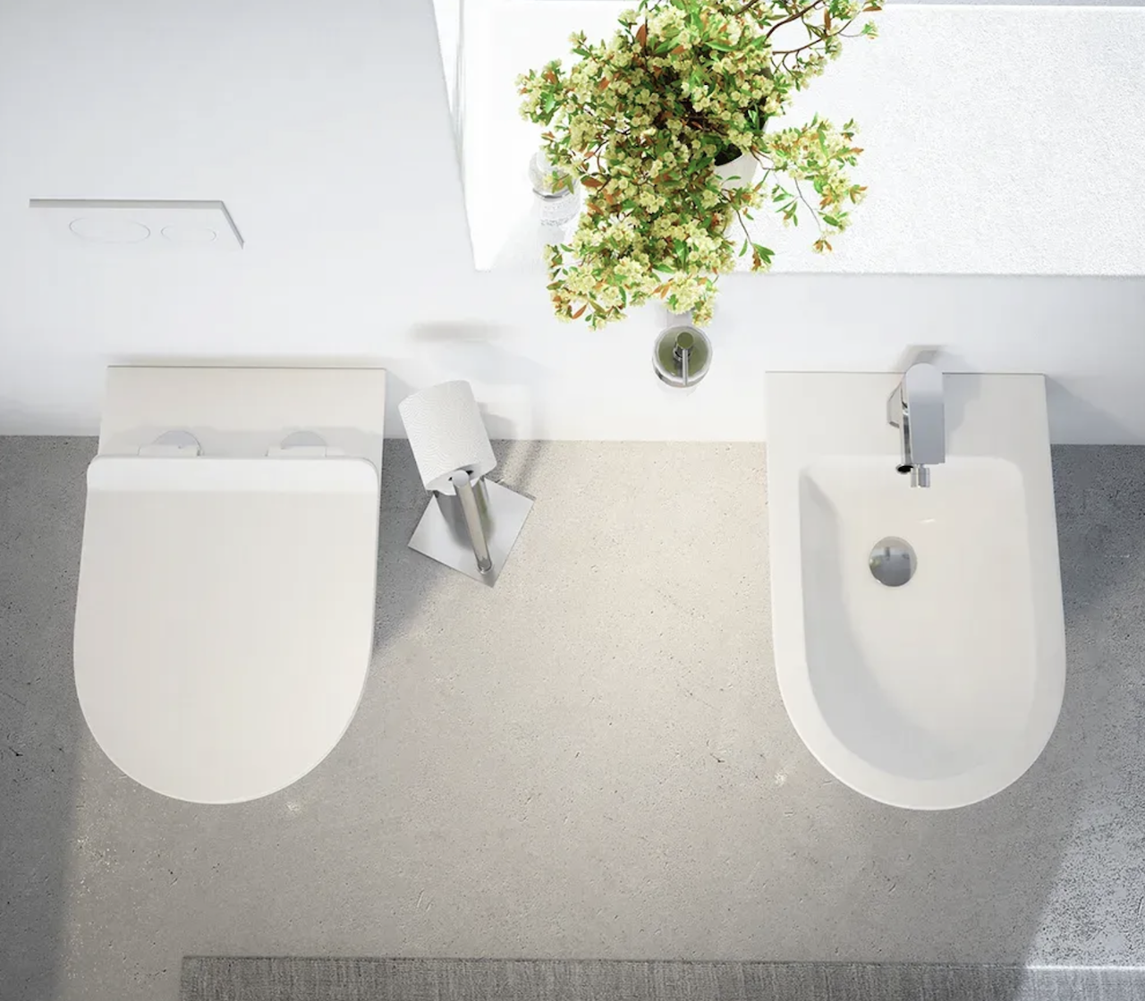 Sanitari filomuro in ceramica bianco lucido vaso tornado silent flush sedile soft-close e bidet SOFIA Regos