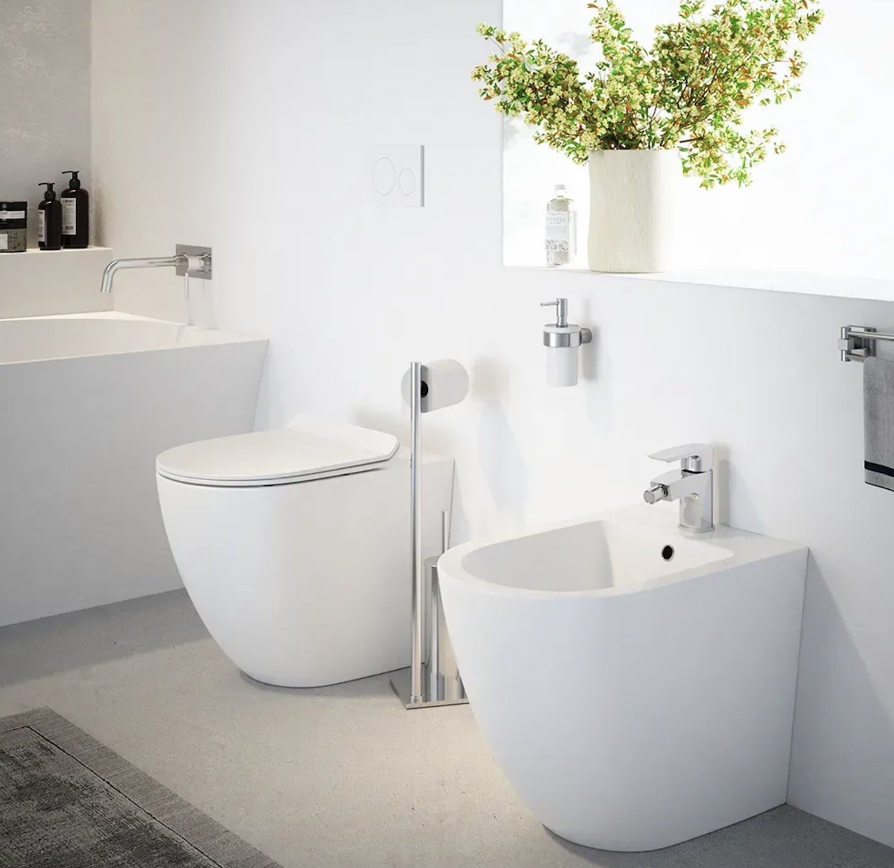 Sanitari filomuro in ceramica bianco lucido vaso tornado silent flush sedile soft-close e bidet SOFIA Regos
