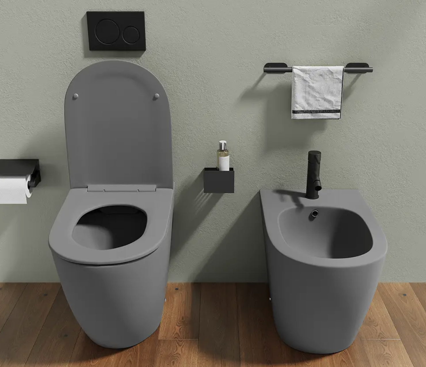 Sanitari filomuro in ceramica grigio opaco vaso rimless con copriwc soft-close e bidet ASIA Regos