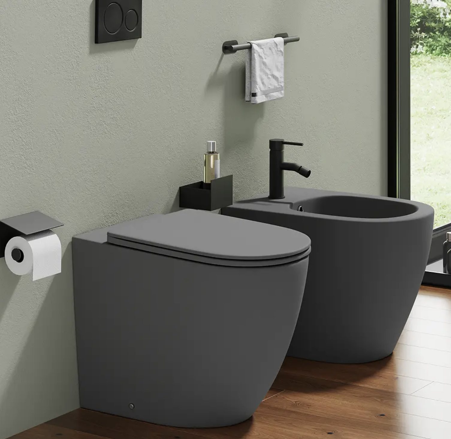 Sanitari filomuro in ceramica grigio opaco vaso rimless con copriwc soft-close e bidet ASIA Regos
