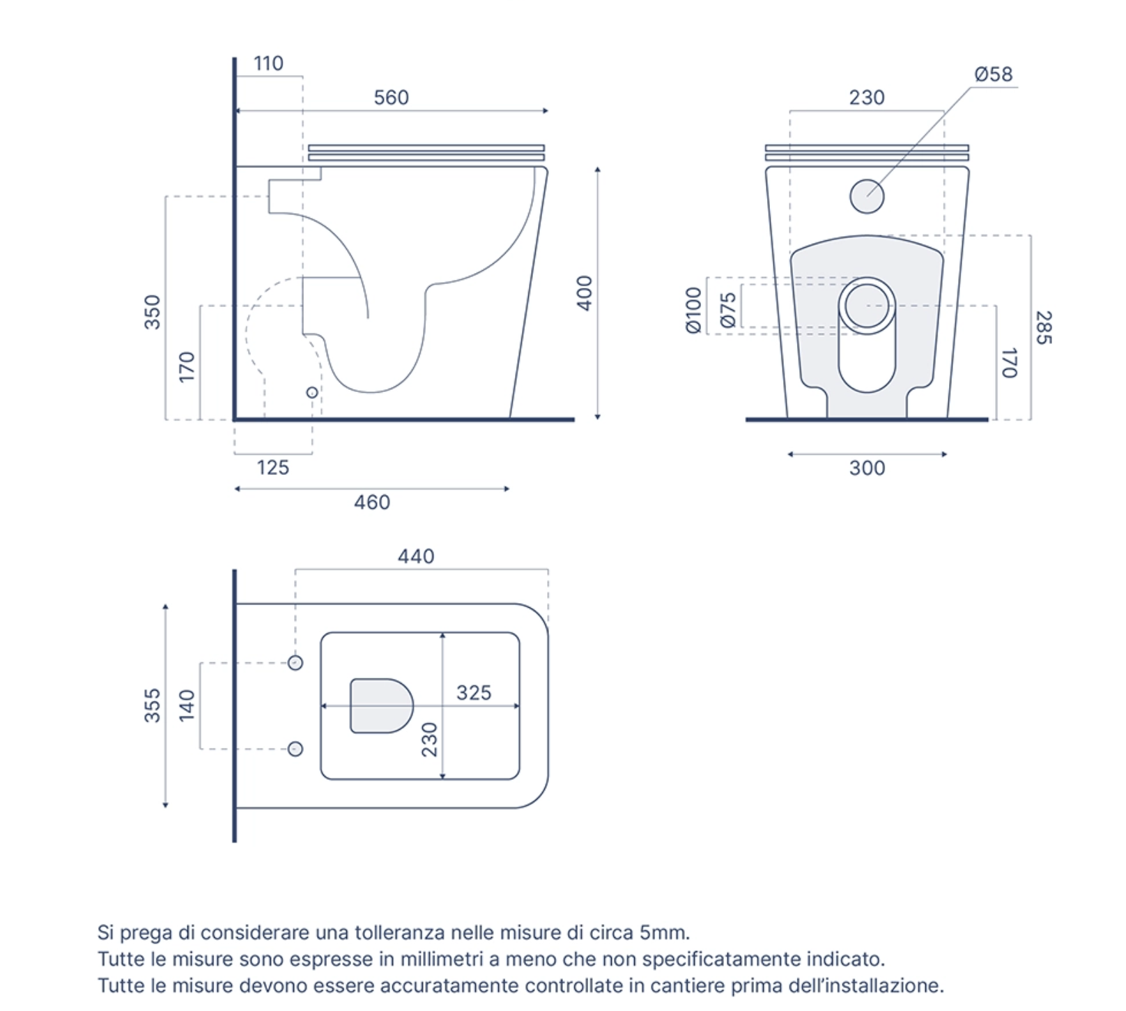 Sanitari filomuro in ceramica rimless grigio opaco vaso bidet e copriwc soft-close ZEN Regos
