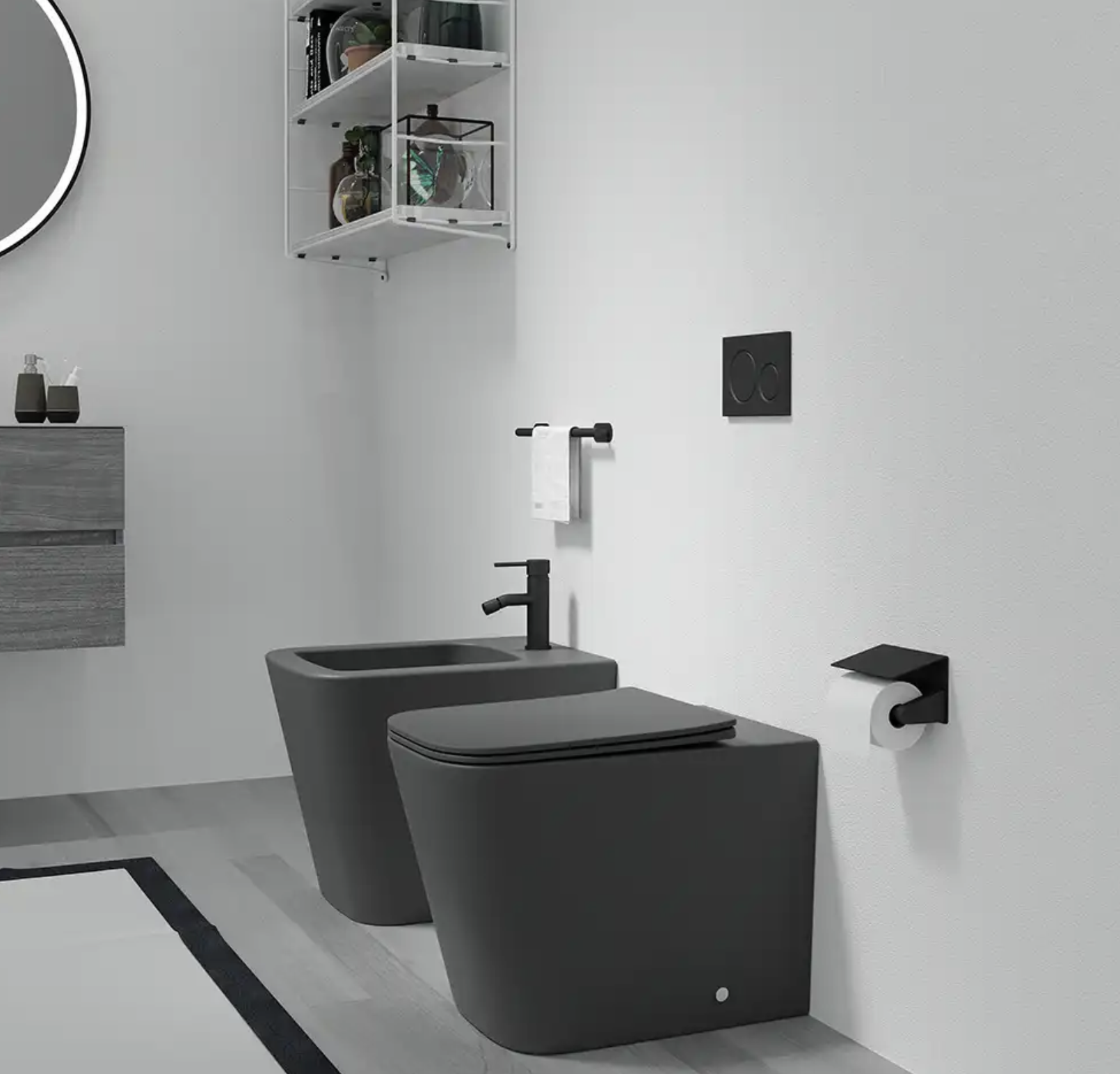 Sanitari filomuro in ceramica rimless grigio opaco vaso bidet e copriwc soft-close ZEN Regos