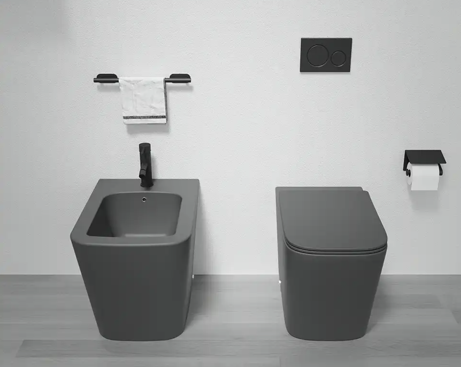 Sanitari filomuro in ceramica rimless grigio opaco vaso bidet e copriwc soft-close ZEN Regos