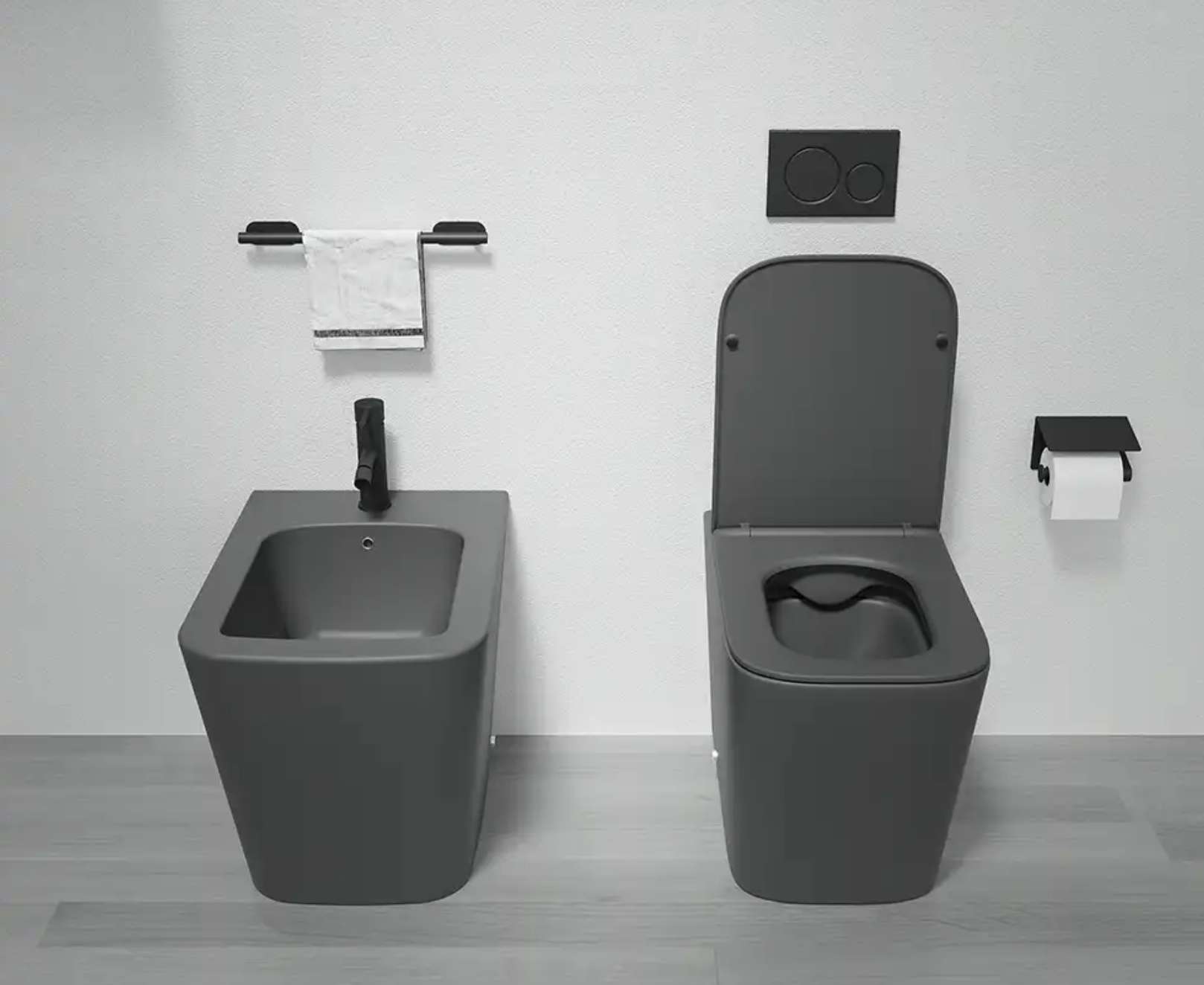 Sanitari filomuro in ceramica rimless grigio opaco vaso bidet e copriwc soft-close ZEN Regos