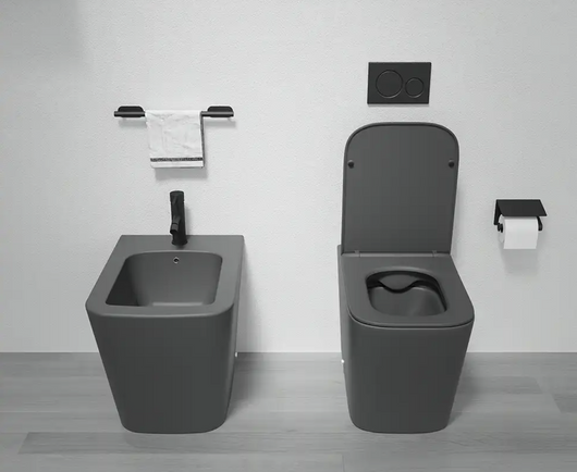Sanitari filomuro in ceramica rimless grigio opaco vaso bidet e copriwc soft-close ZEN Regos