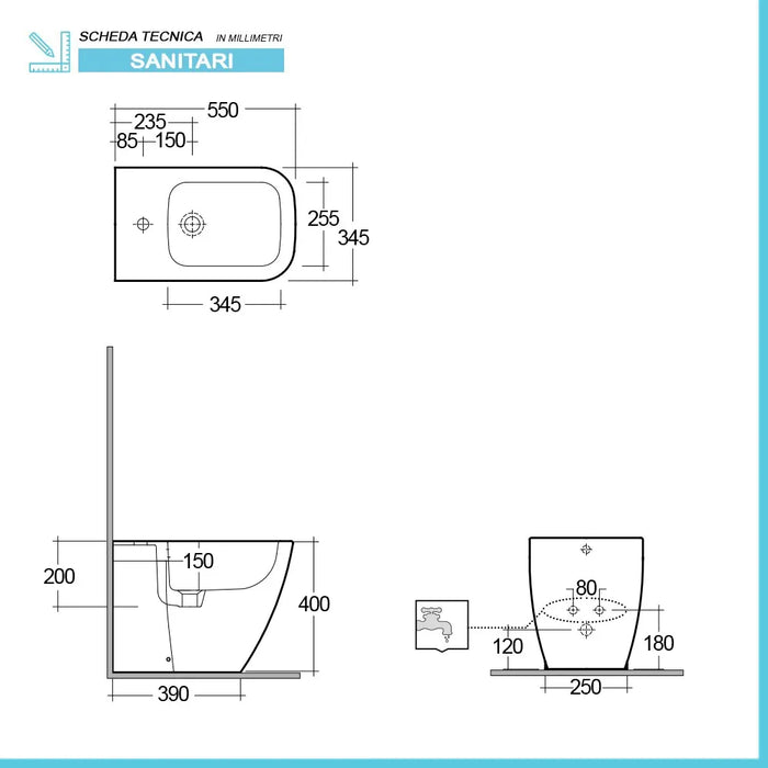 Sanitari filomuro Rak Caroline in ceramica con scarico universale