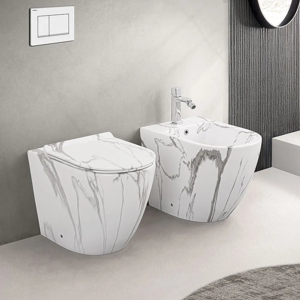 Sanitari filomuro Rimless effetto marmo bianco con sedile Tokyo