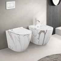 Sanitari filomuro Rimless effetto marmo bianco con sedile Tokyo
