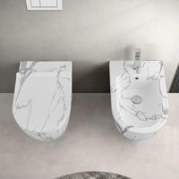 Sanitari filomuro Rimless effetto marmo bianco con sedile Tokyo