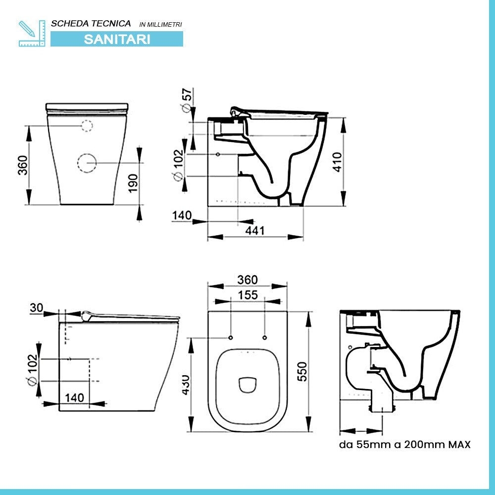 Sanitari filomuro Rimless Mirto scarico traslato e sedile soft close