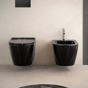 Sanitari sospesi Rimless effetto marmo nero con sedile Tokyo