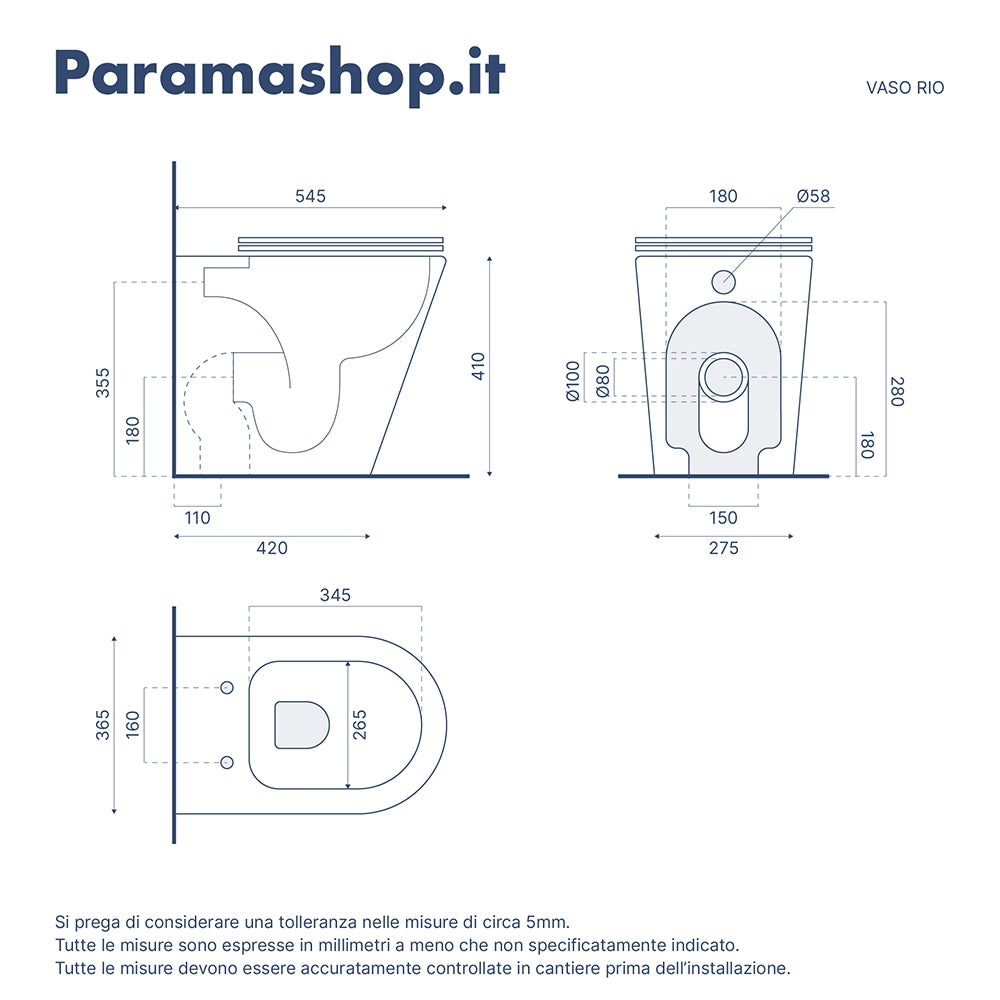 Vaso filomuro tornado silent flush in ceramica bianco lucido con sedile soft-close | Rio