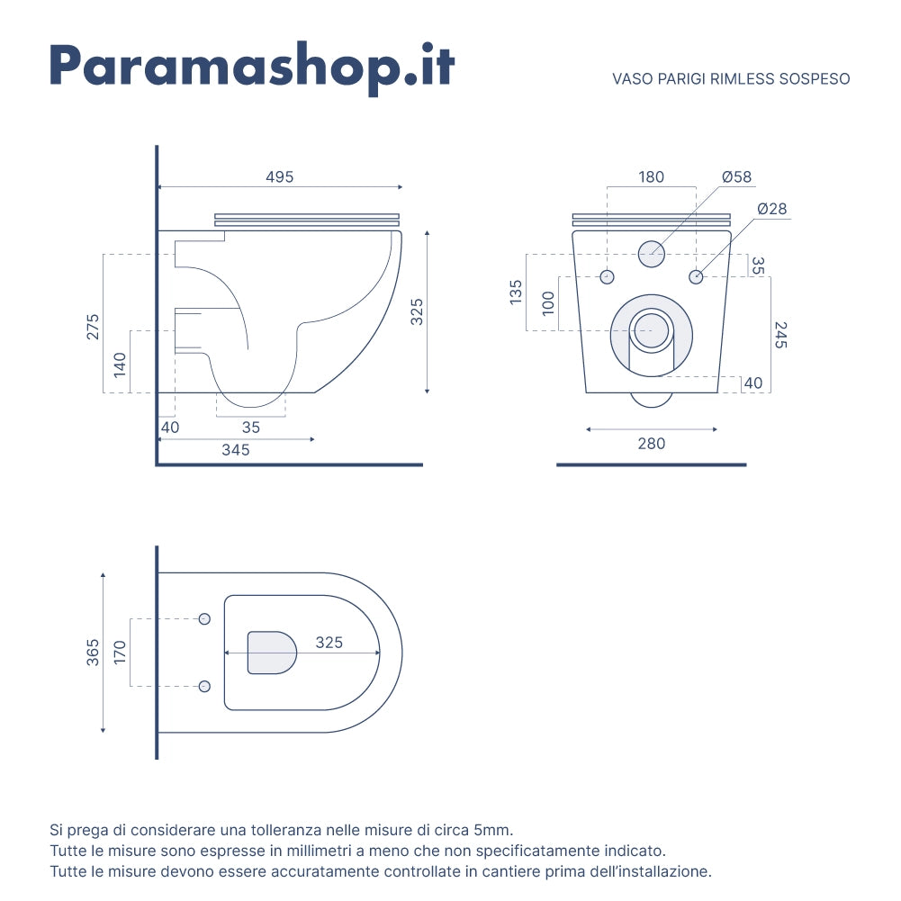 Vaso WC sospeso in ceramica bianco lucido rimless salvaspazio con sedile soft-close | Parigi