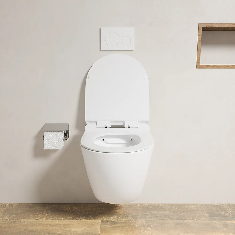 Vaso WC sospeso in ceramica bianco opaco rimless salvaspazio con sedile soft-close | Parigi