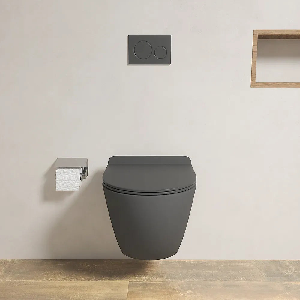 Vaso WC sospeso in ceramica grigio opaco rimless salvaspazio con sedile soft-close | Parigi
