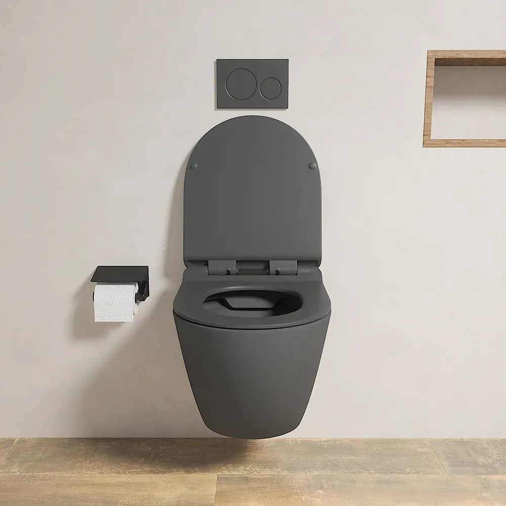Vaso WC sospeso in ceramica grigio opaco rimless salvaspazio con sedile soft-close | Parigi
