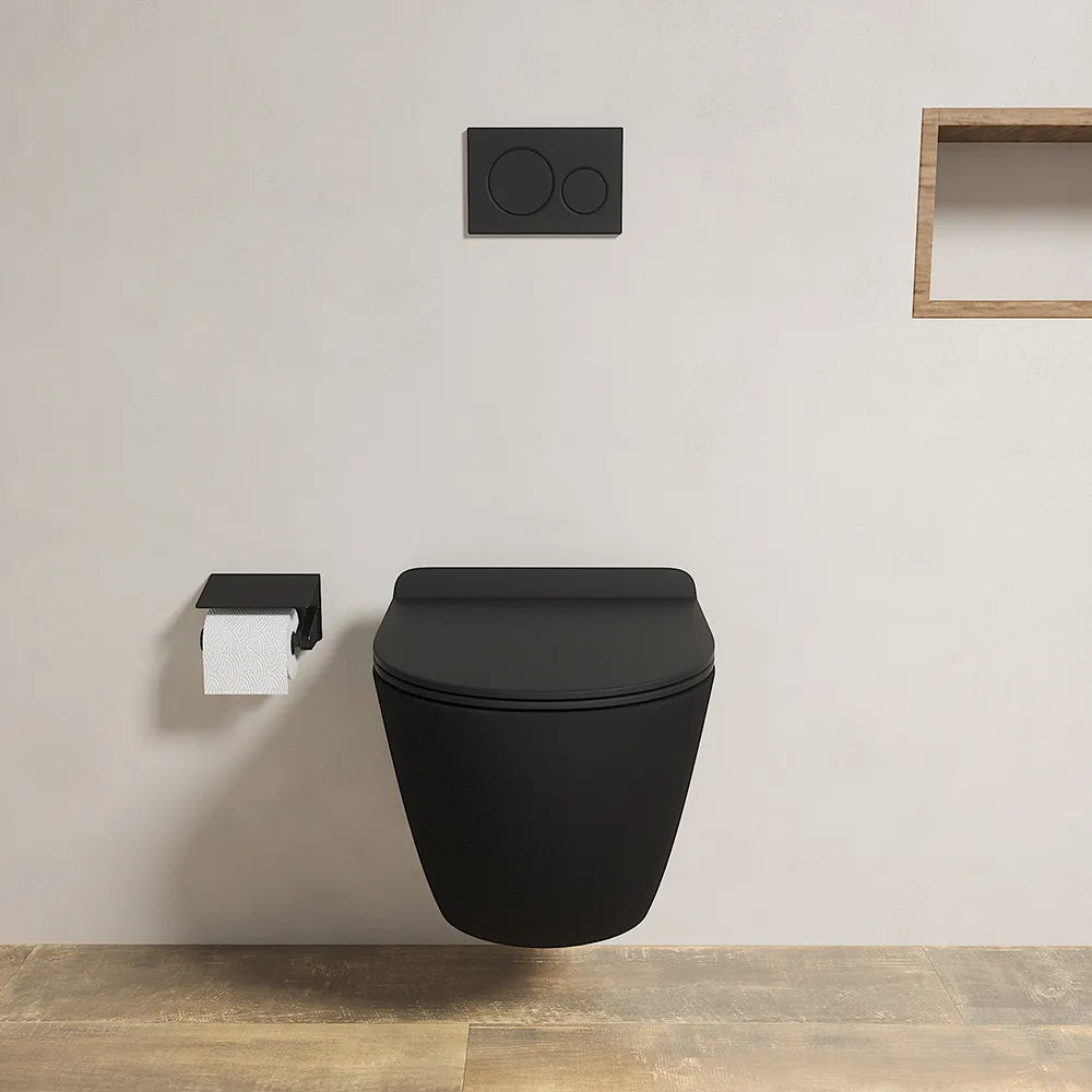 Vaso WC sospeso in ceramica nero opaco rimless salvaspazio con sedile soft-close | Parigi