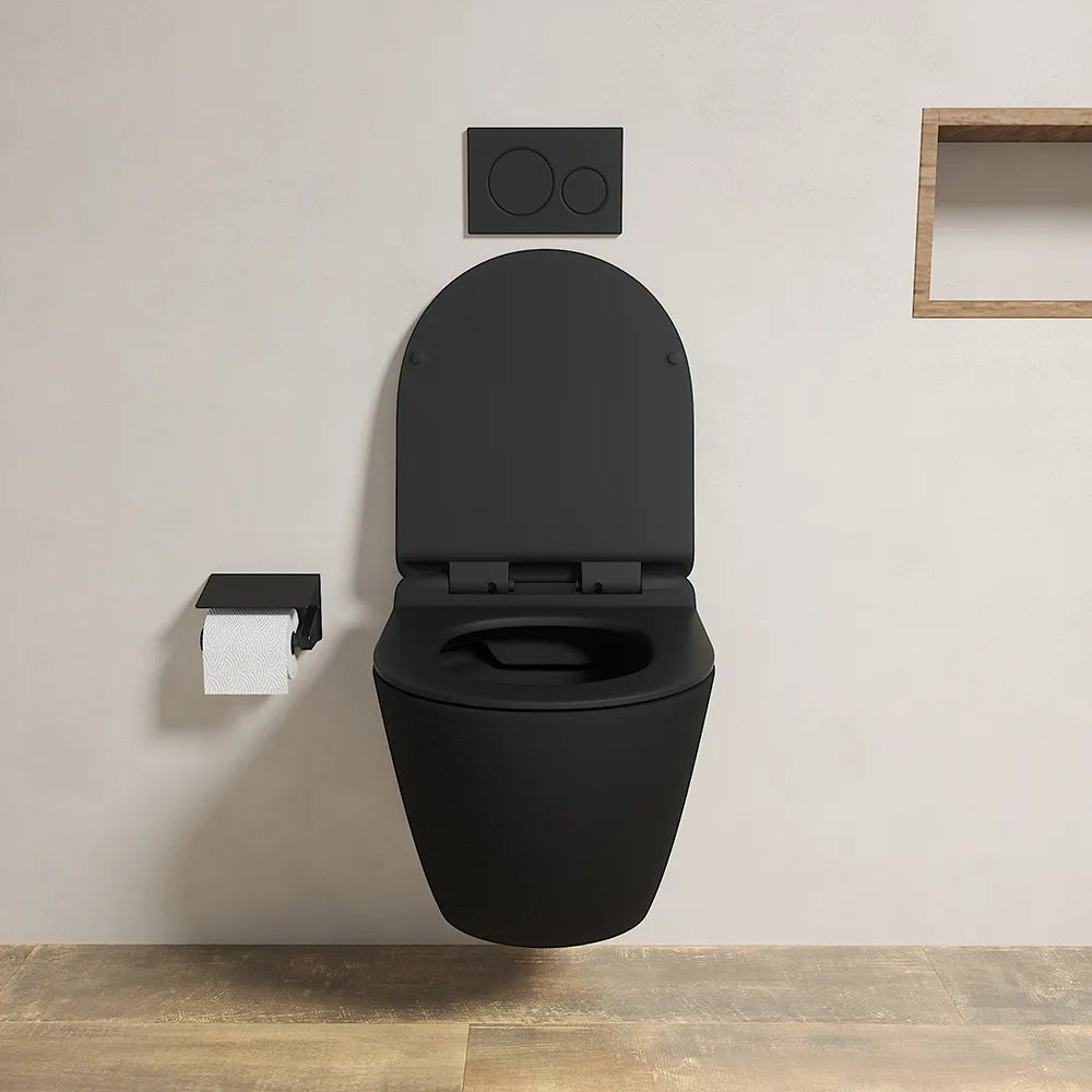 Vaso WC sospeso in ceramica nero opaco rimless salvaspazio con sedile soft-close | Parigi