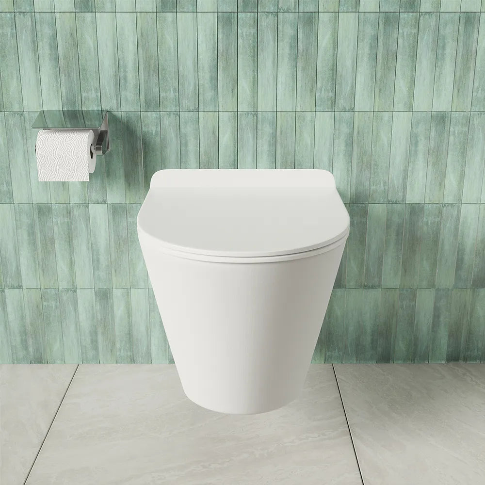 Vaso sospeso rimless in ceramica bianco lucido con copri-wc soft-close | Rio