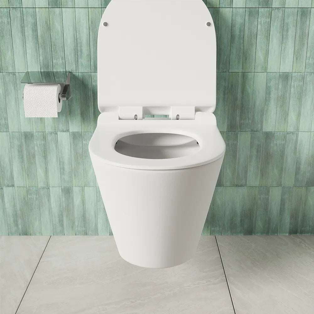 Vaso sospeso rimless in ceramica bianco lucido con copri-wc soft-close | Rio