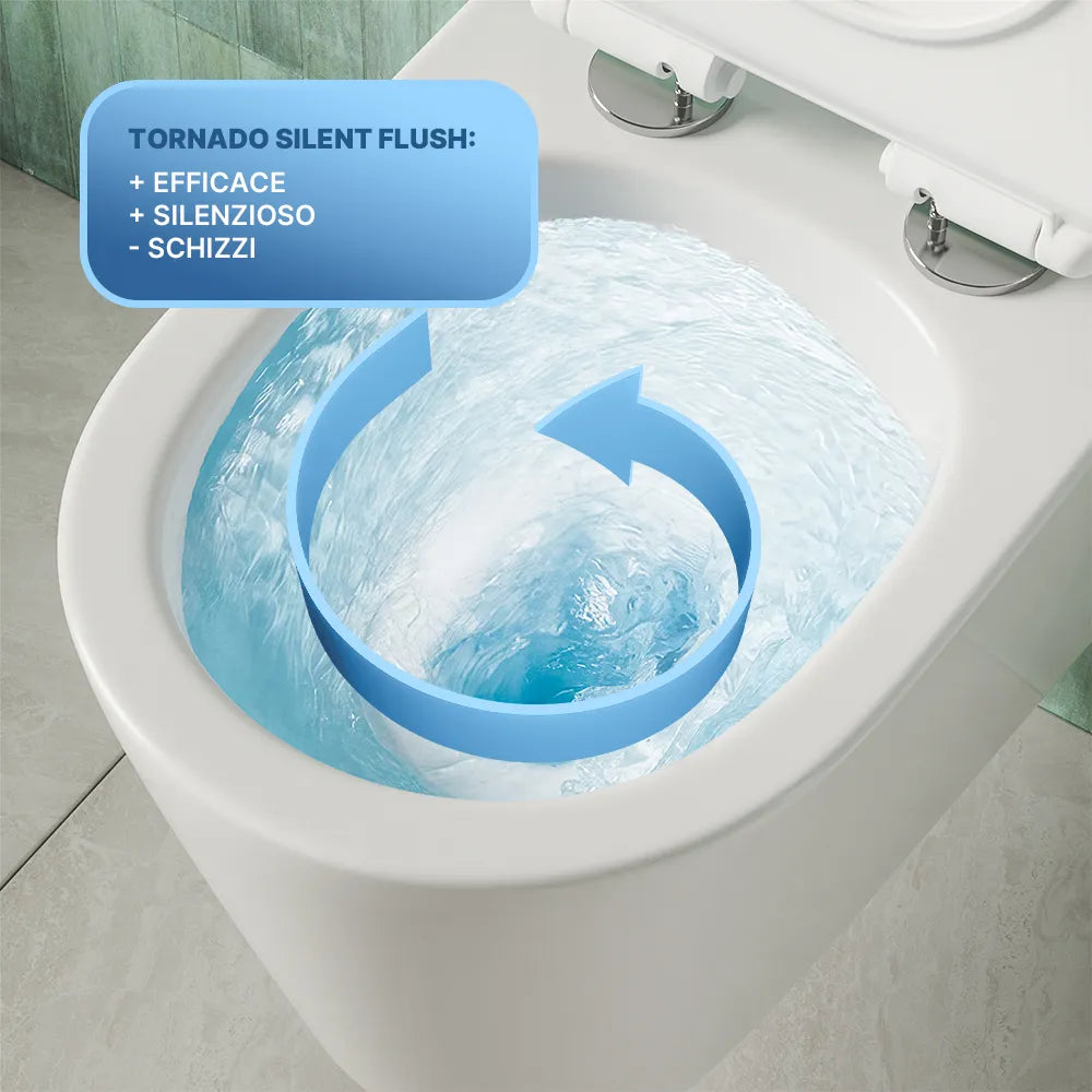 Vaso sospeso tornado silent flush in ceramica bianco lucido con copri-wc soft-close | Rio
