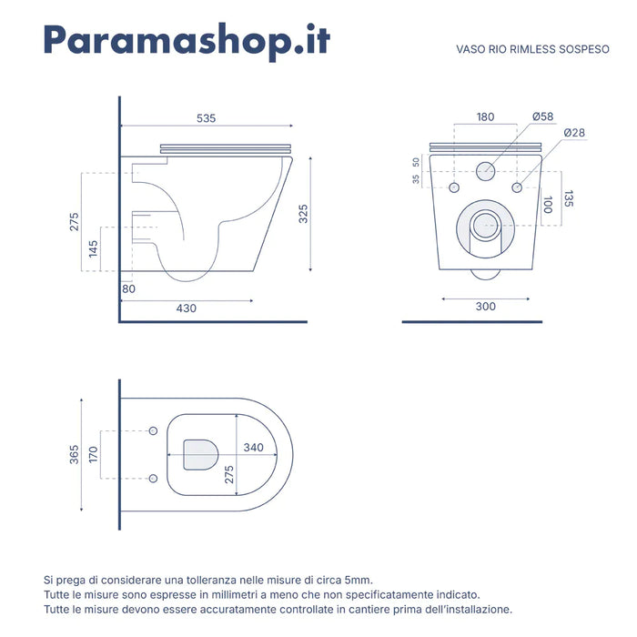 Sanitari sospesi in ceramica bianco lucido vaso rimless sedile soft-close e bidet | Rio
