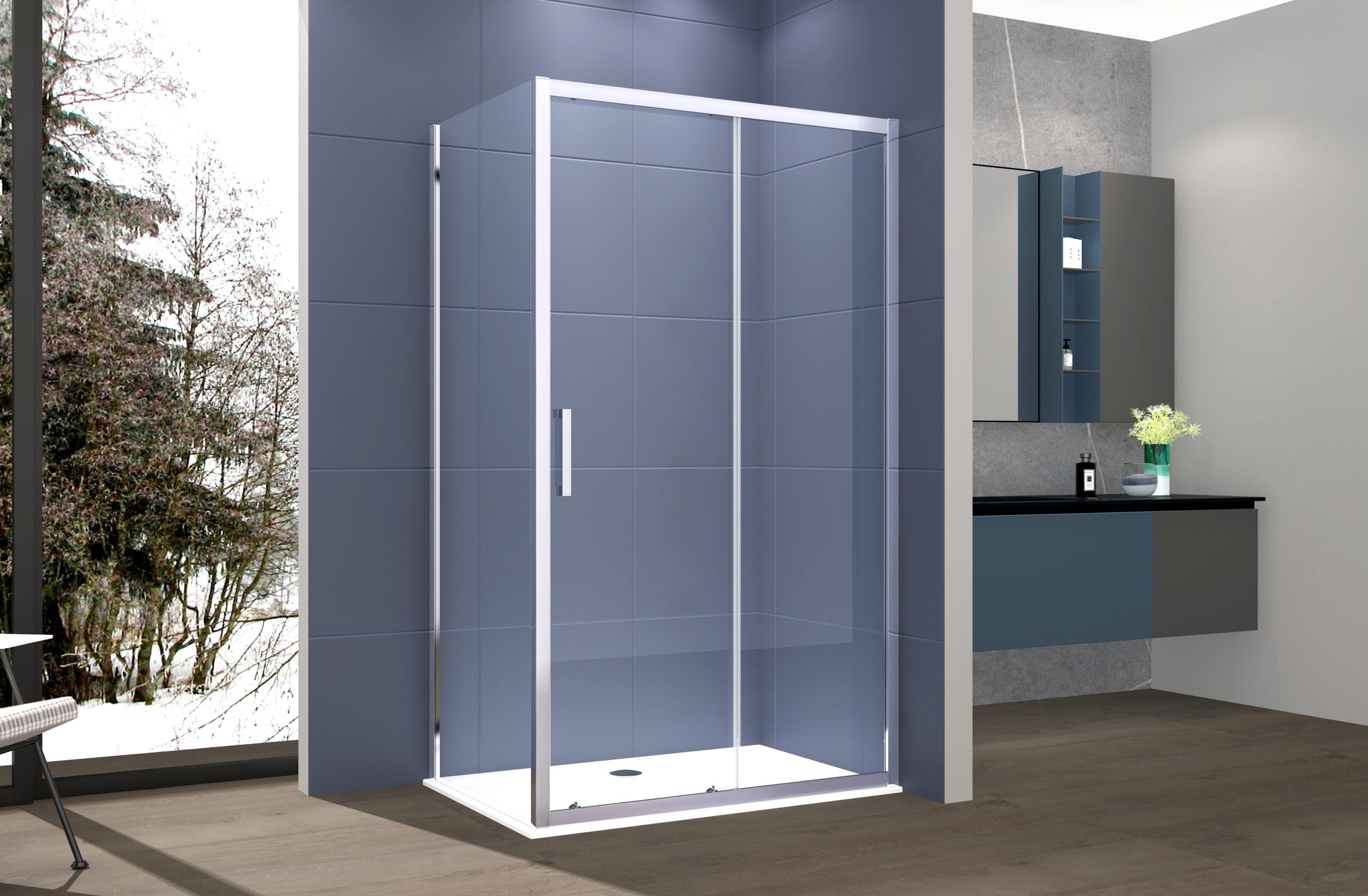 Box doccia 2 lati 80x140 cm fisso + porta scorrevole apertura laterale H195 cm SARA Cromato