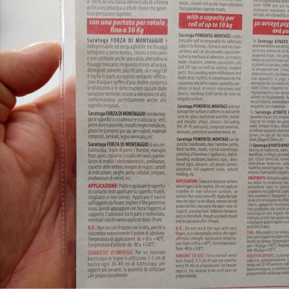 Saratoga forza di montaggio 19 x 1,5mt nastro biadesivo trasparente per interni ed esterni