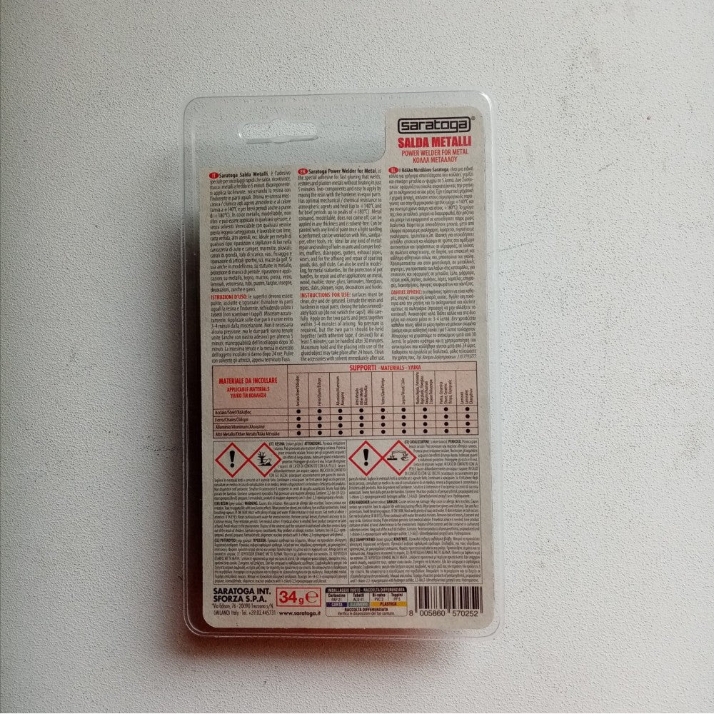 Saratoga salda metalli 34gr acciaio liquido rapido bicomponente per temperature massimo di 140°c