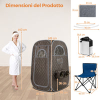 Sauna portatile con generatore di vapore da 1000W e capacit¨¤ di 3L, Tenda sauna per 1 o 2 persone con sedia Grigio-Massaggi e relax
