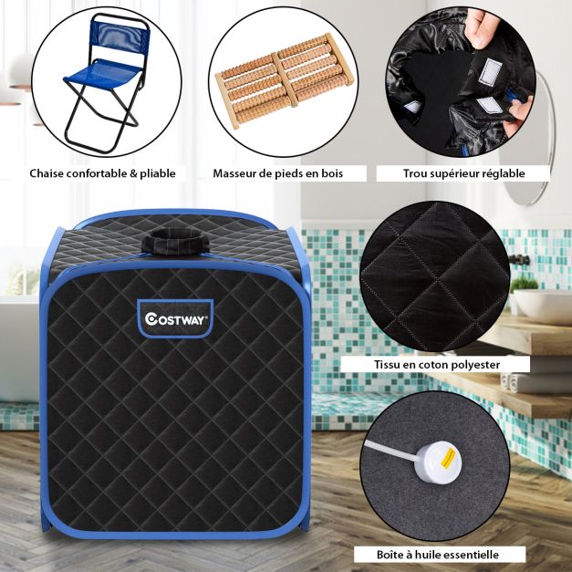Sauna a vapore portatile da 2 litri con sedia 9 livelli di temperatura regolabili tenda spa per 1 persona con rullo massaggiante nera 20_0009252