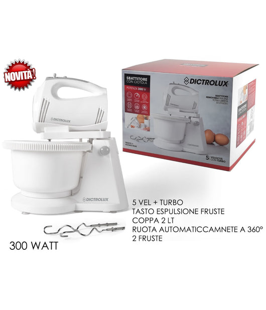 Sbattitore 2 Fruste Con Ciotola Rotante Ganci Impastatrice 300w 5 Velocità +turbo         