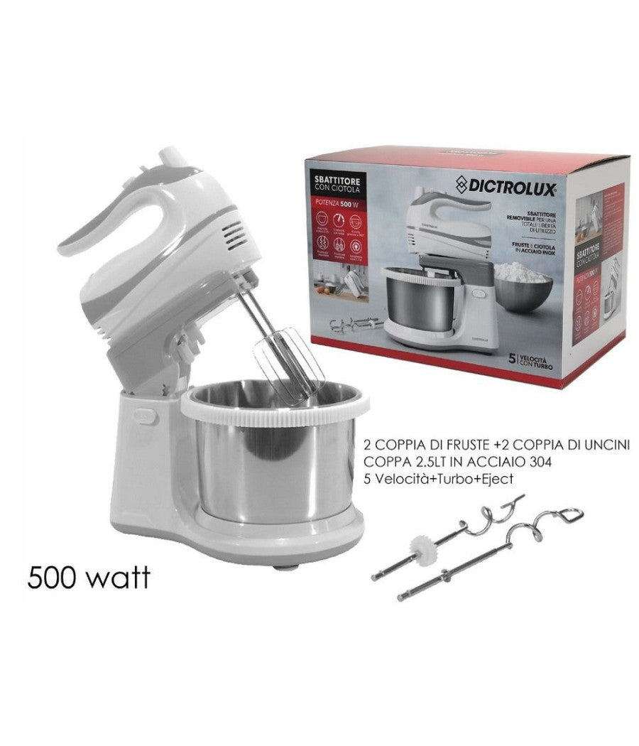 Sbattitore Con Ciotola 2.5lt In Acciaio Girevole 5 Velocità  + Turbo 500w 585606         