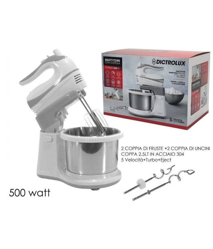 Sbattitore Con Ciotola 2.5lt In Acciaio Girevole 5 Velocità  + Turbo 500w 585606         