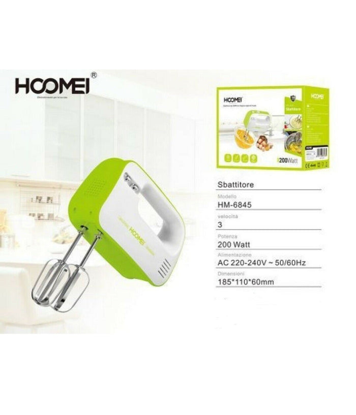 Sbattitore Elettrico 200 Watt Frullatore Impastatore 3 Velocita' Hoomei Hm-6845         