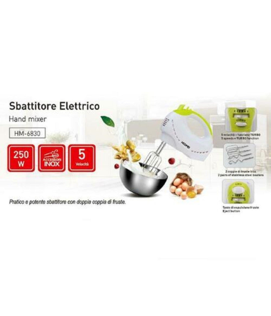 Sbattitore Elettrico 250 Watt Con Doppio Set Di Fruste 5 Velocità  Hoomei Hm-6830         