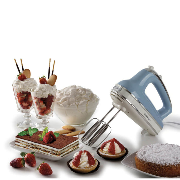 Sbattitore Vintage 450W - 5 velocità - Funzione turbo - 2 fruste - Celeste