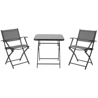 Set da Giardino per 2 Persone con 1 Tavolo e 2 Sedie Pieghevoli, Set per Terrazze, in Metallo, Nero e Grigio