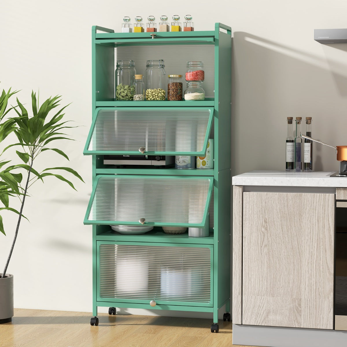 Supporto mobile con porte PC a scomparsa, Armadio da cucina autoportante con 4 ruote girevoli 60x32x154cm Verde scuro-Credenze buffet