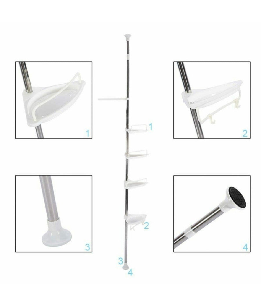 Scaffale Angolare Per Angolo Doccia Bagno Telescopico 4 Mensole Con Ganci         