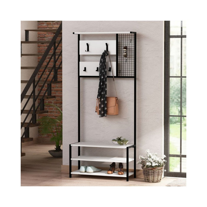 Scaffale ingresso appendiabiti in metallo nero con particolari bianco Nomad