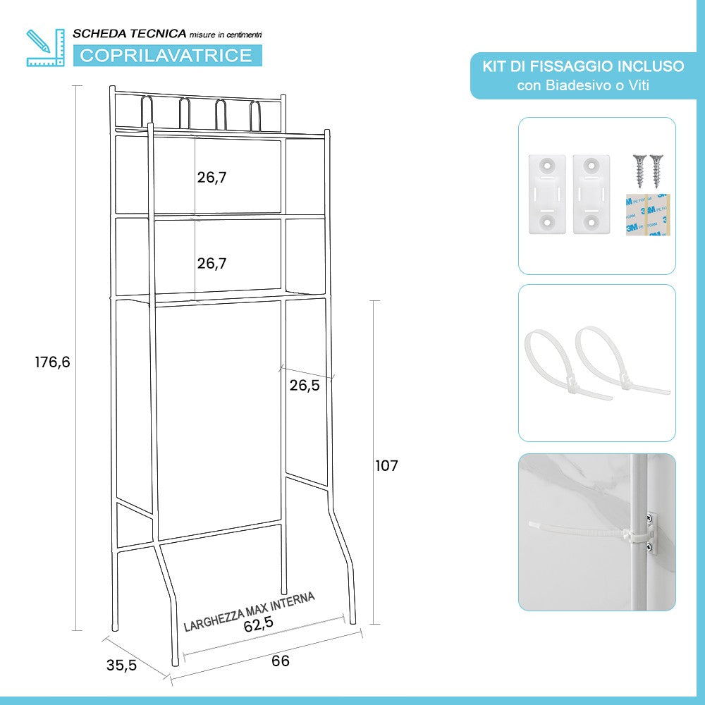 Scaffale per lavatrice bianco con 3 ripiani in acciaio in kit di montaggio