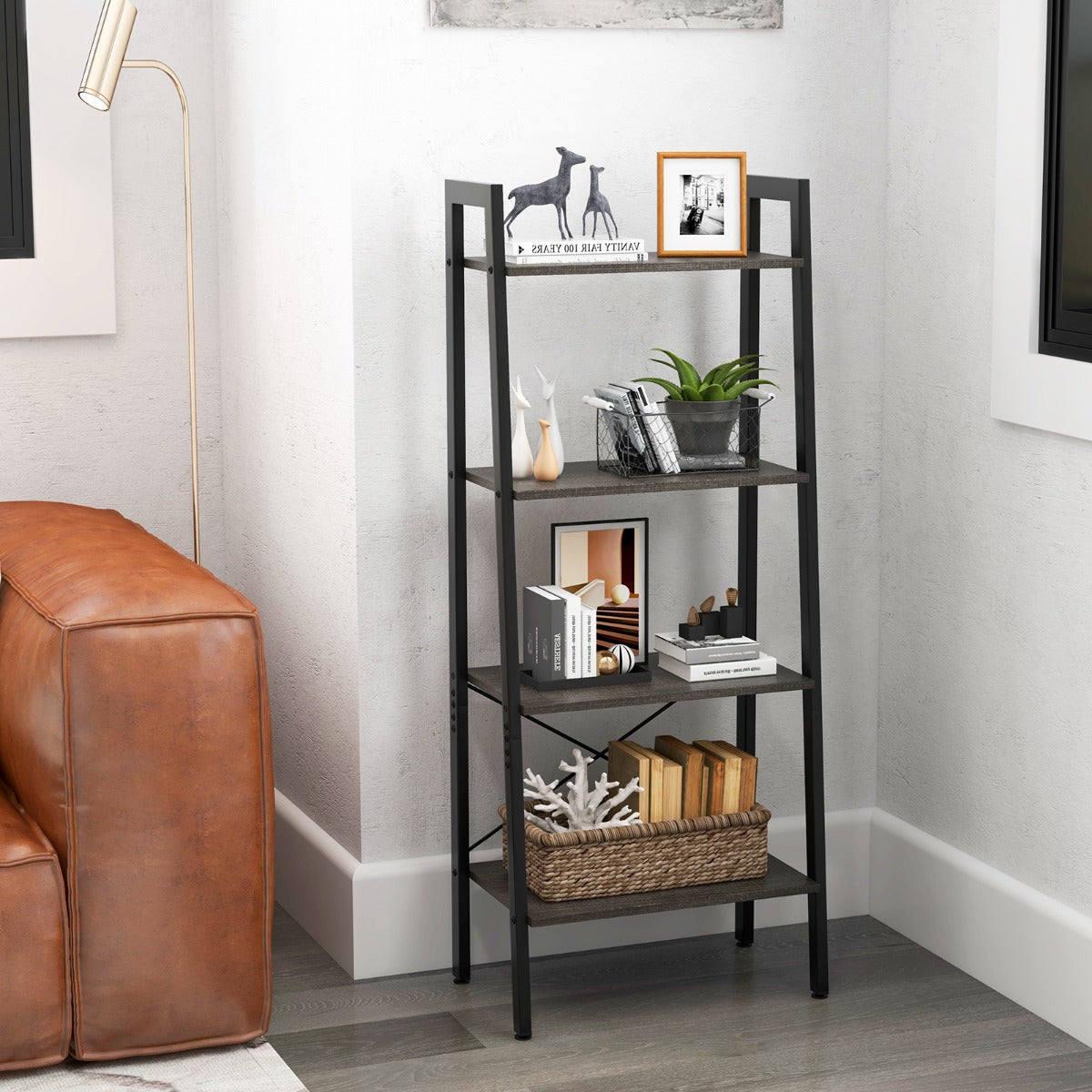 Scaffale 4 ripiani con telaio in metallo e piedini regolabili-Libreria scaffale per ufficio Marrone scuro