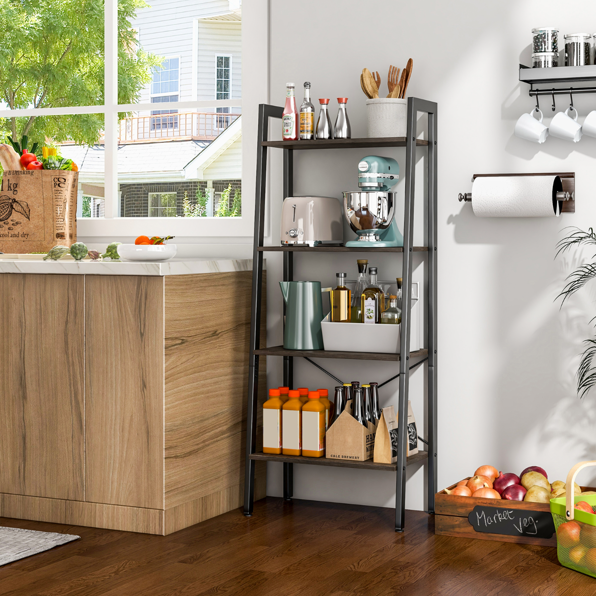 Scaffale 4 ripiani con telaio in metallo e piedini regolabili-Libreria scaffale per ufficio Rovere grigio