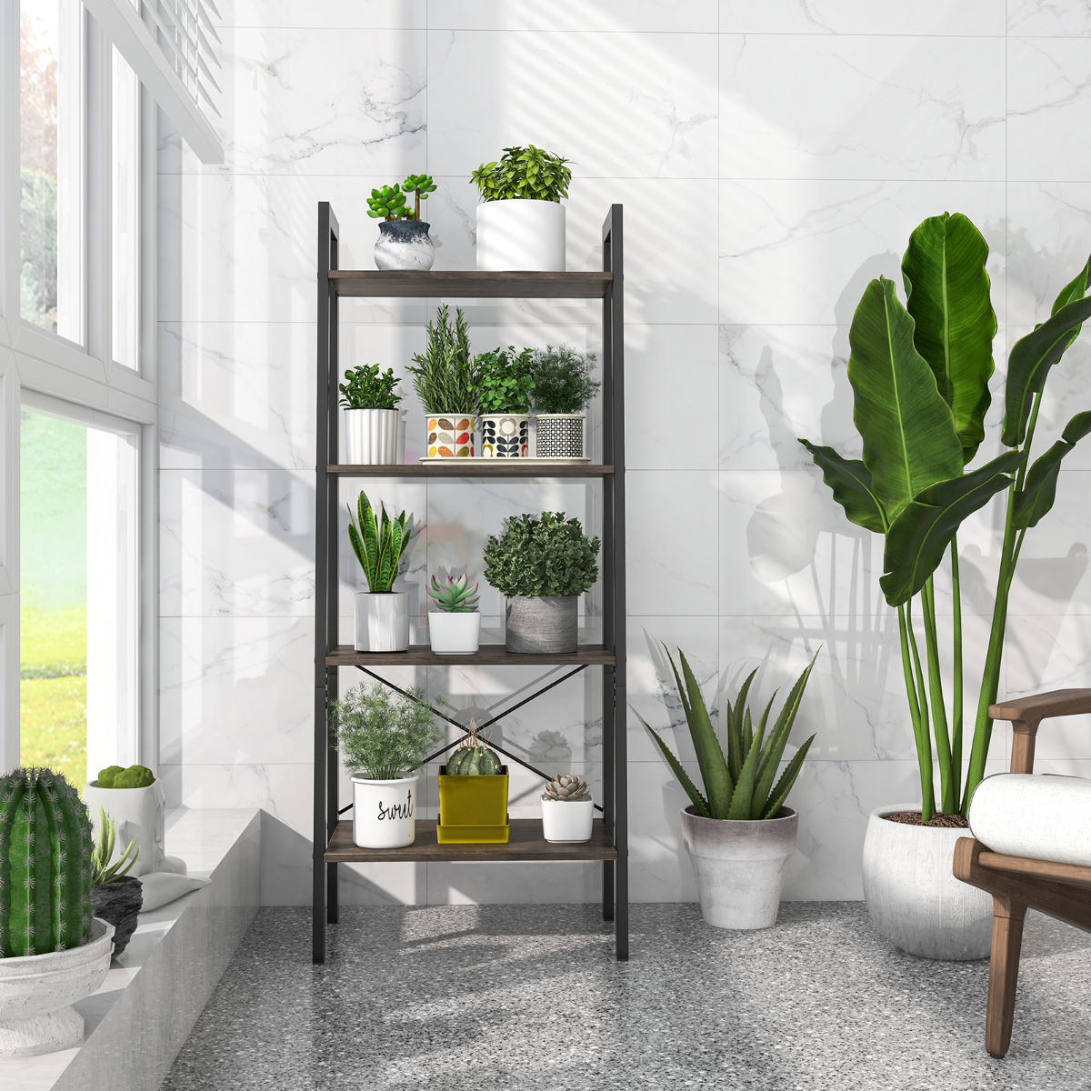 Scaffale 4 ripiani con telaio in metallo e piedini regolabili-Libreria scaffale per ufficio Rovere grigio