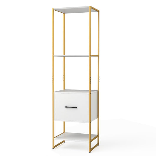 Scaffale a 5 ripiani con cassetto e struttura in metallo-Organizzatore di stoccaggio a ripiani per soggiorno Bianco