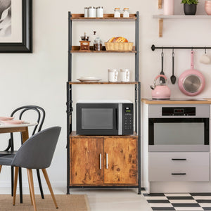 Scaffale a 4 livelli da cucina con armadio e credenza-Supporto industriale per forno microonde con ganci Marrone