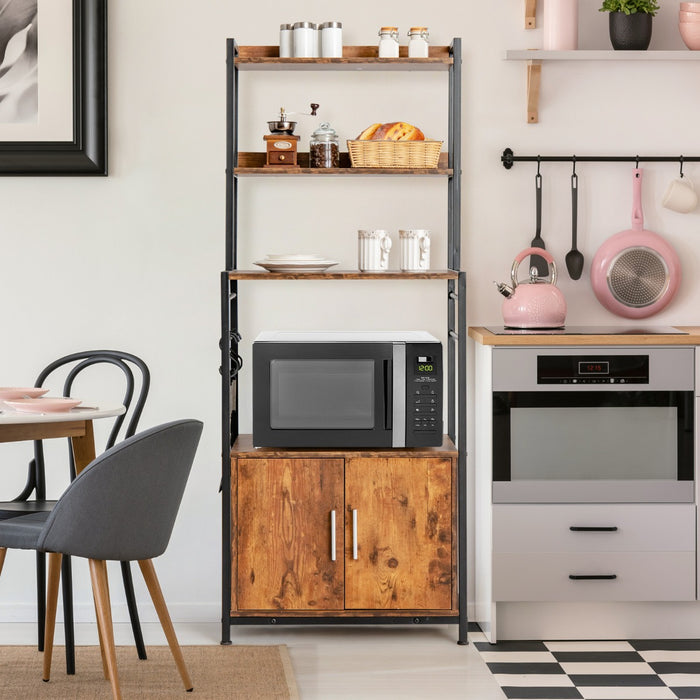Scaffale a 4 livelli da cucina con armadio e credenza-Supporto industriale per forno microonde con ganci Marrone